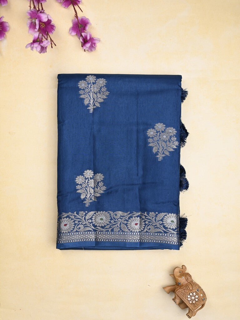 Raw mango fancy saree royal blue color allover zari motifs & zari border with zari pallu and brocade blouse