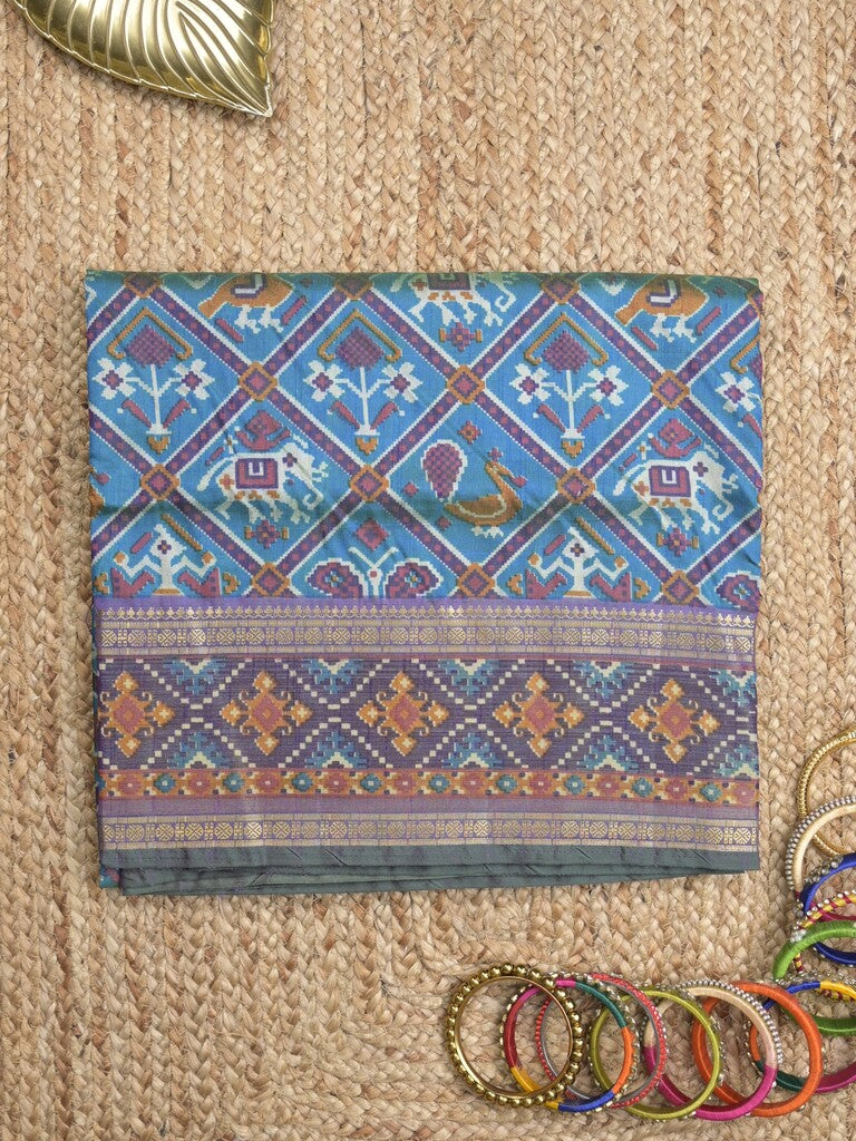 Ikkath fancy saree in navy blue color allover design with zari border & ikkath pallu and plain blouse