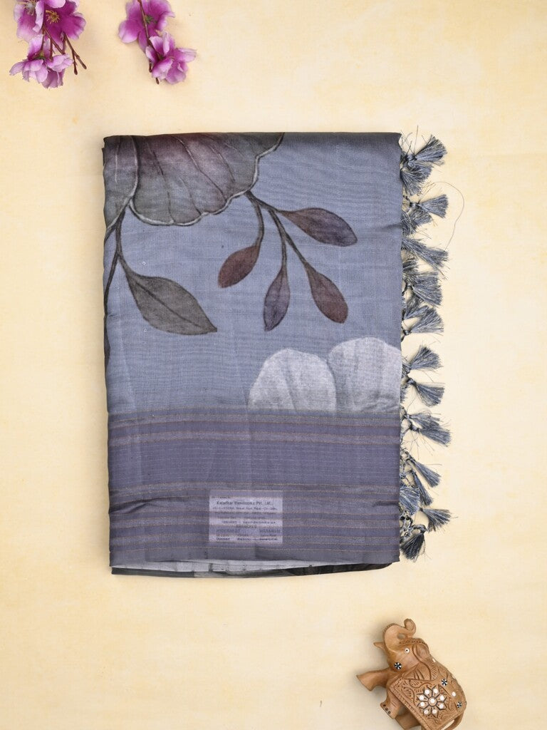 Chanderi fancy saree light blue color allover prints & kaddi border with contrast pallu and printed blouse