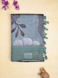 Chanderi fancy saree grey color allover prints & kaddi border with contrast pallu and printed blouse