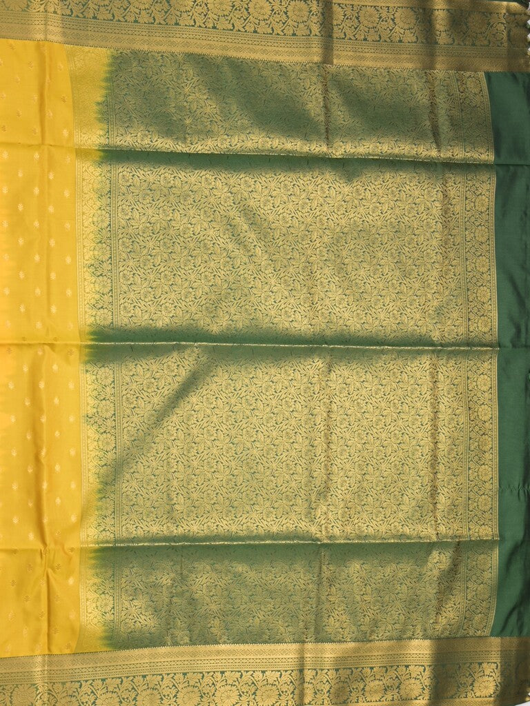 Kanchi pattu saree golden yellow color allover zari motifs & zari border with rich pallu and contrast plain blouse