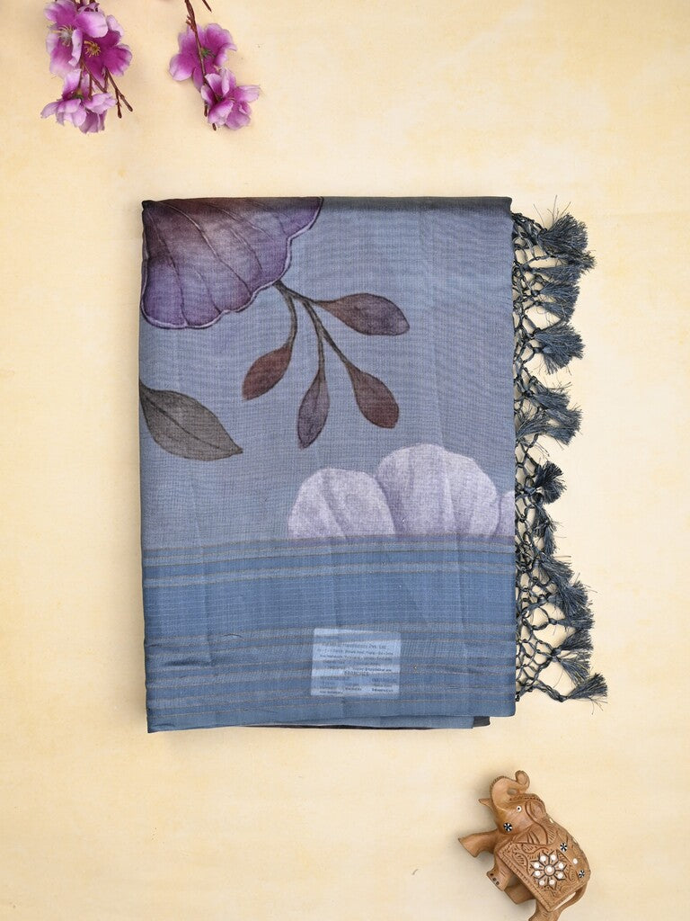 Chanderi fancy saree bluish grey color allover prints & kaddi border with contrast pallu and printed blouse