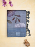 Chanderi fancy saree bluish grey color allover prints & kaddi border with contrast pallu and printed blouse