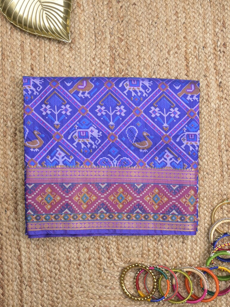 Ikkath fancy saree in royal blue color allover design with zari border & ikkath pallu and plain blouse