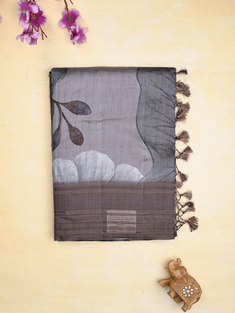 Chanderi fancy saree grey color allover prints & kaddi border with contrast pallu and printed blouse