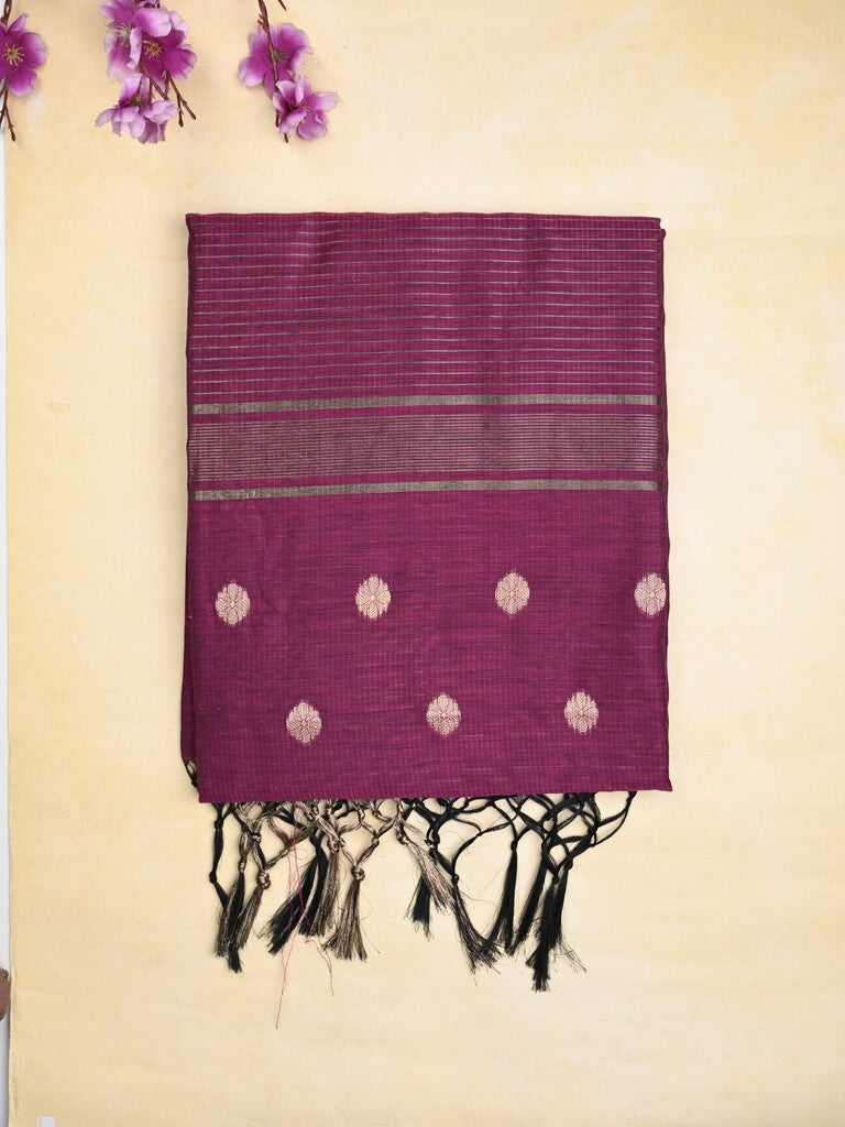 Chanderi fancy saree wine color allover zari motifs & zari border with zari pallu and self blouse