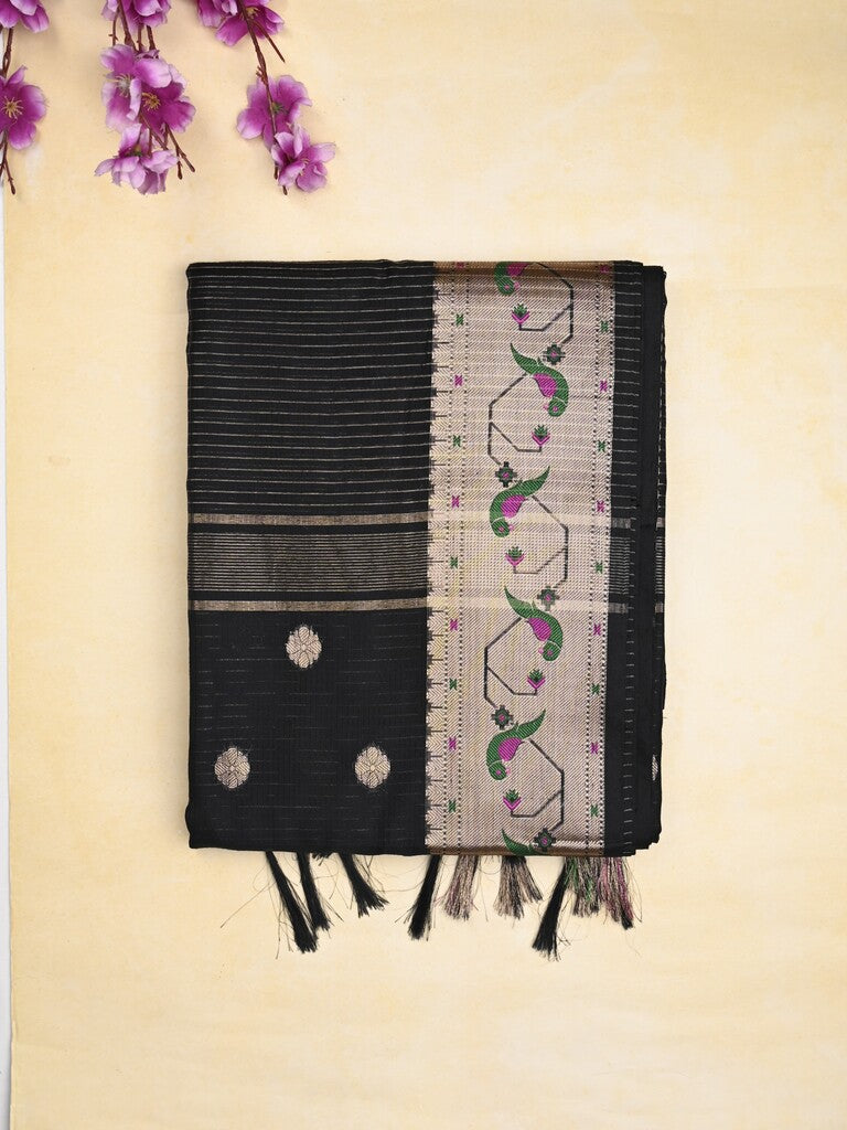 Chanderi fancy saree black color allover zari motifs & zari border with zari pallu and self blouse