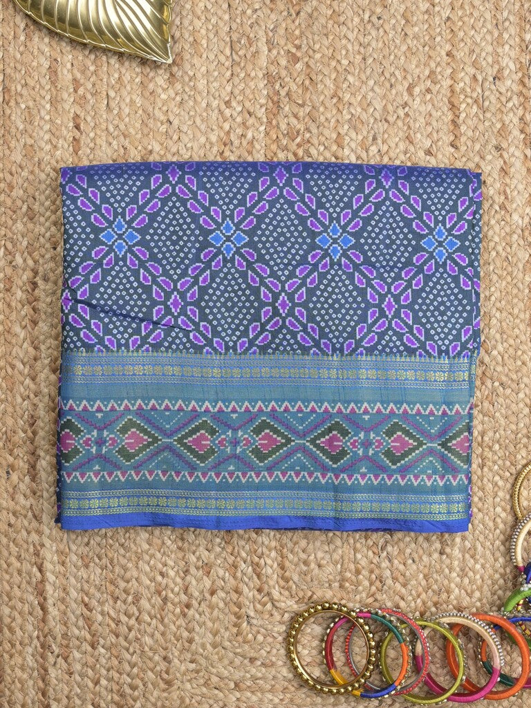 Ikkath fancy saree in navy blue color allover design with zari border & ikkath pallu and plain blouse