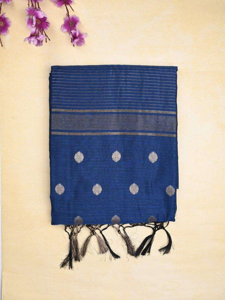 Chanderi fancy saree royal blue color allover zari motifs & zari border with zari pallu and self blouse