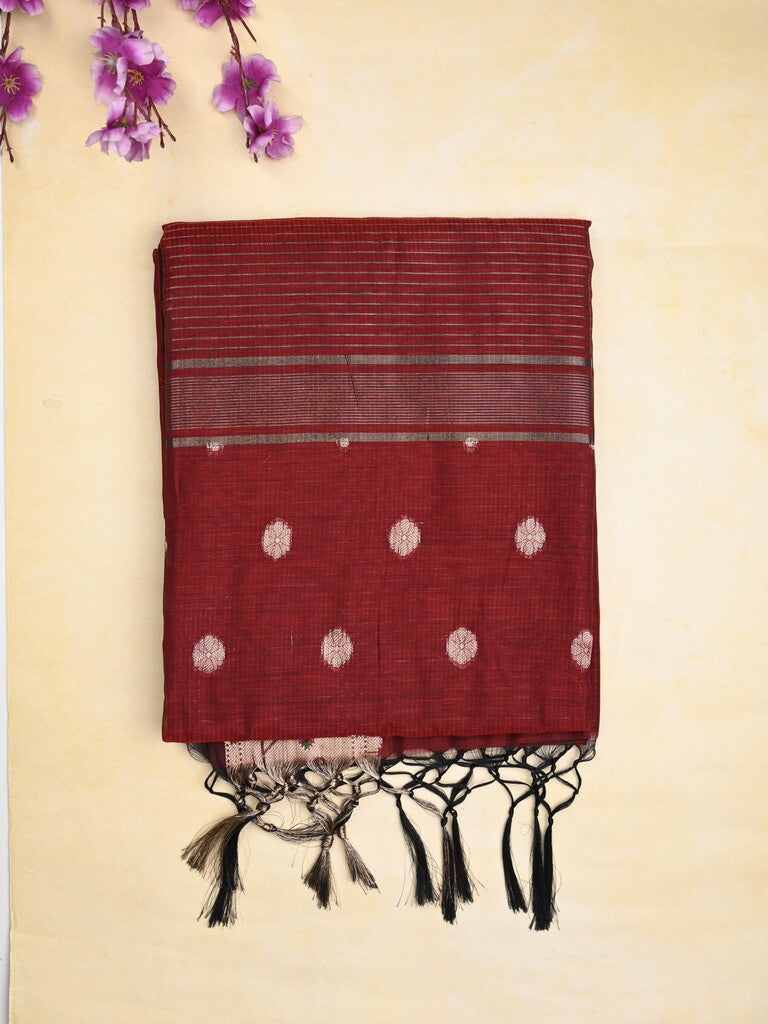 Chanderi fancy saree maroon color allover zari motifs & zari border with zari pallu and self blouse