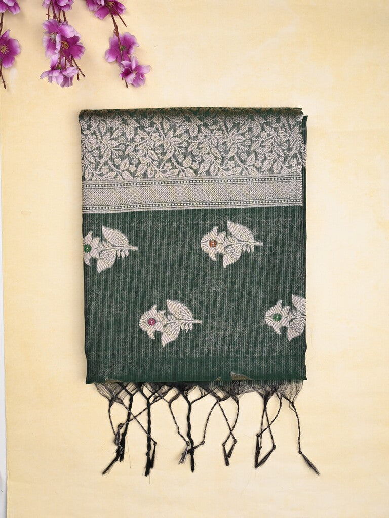 Chanderi fancy saree dark green color allover zari motifs & zari border with zari pallu and brocade blouse