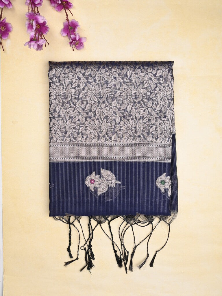 Chanderi fancy saree navy blue color allover zari motifs & zari border with zari pallu and brocade blouse