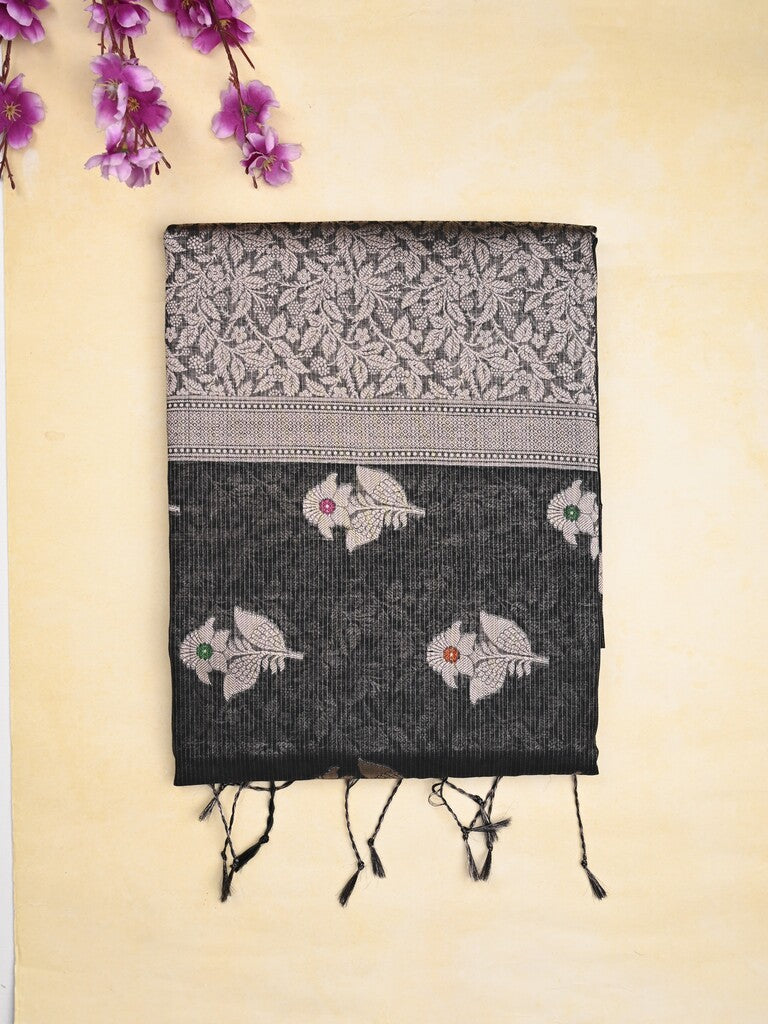 Chanderi fancy saree black color allover zari motifs & zari border with zari pallu and brocade blouse