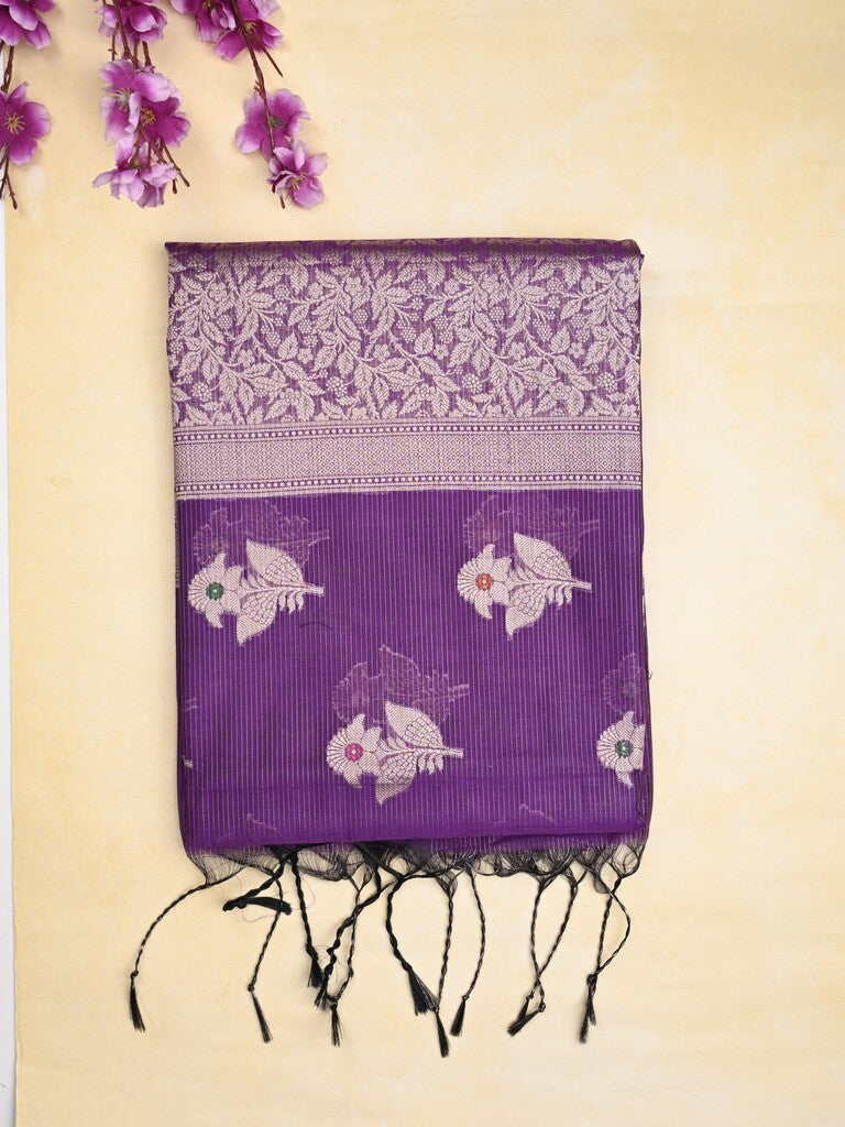 Chanderi fancy saree violet color allover zari motifs & zari border with zari pallu and brocade blouse