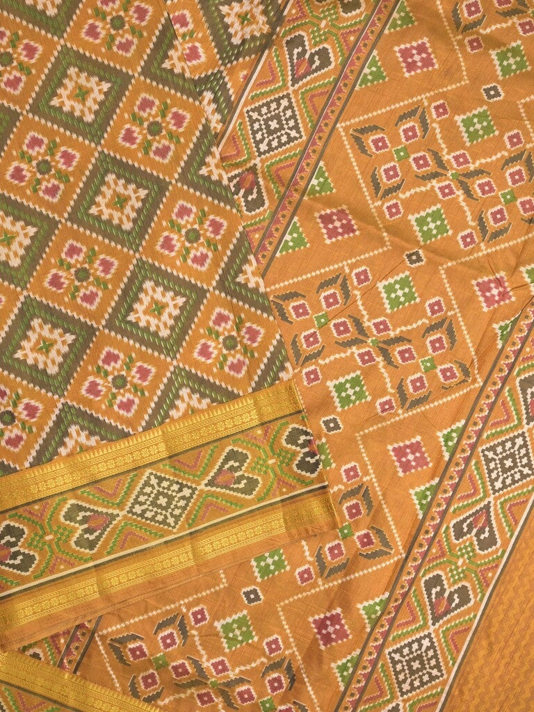 Ikkath fancy saree in yellow color allover design with zari border & ikkath pallu and plain blouse