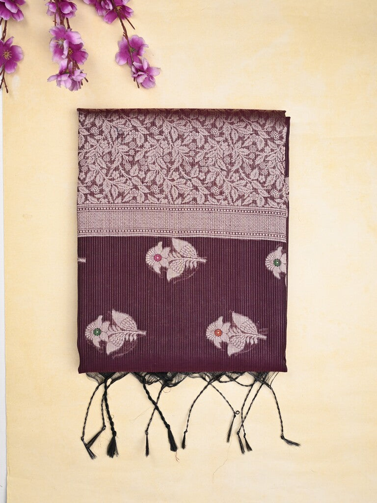Chanderi fancy saree dark maroon color allover zari motifs & zari border with zari pallu and brocade blouse