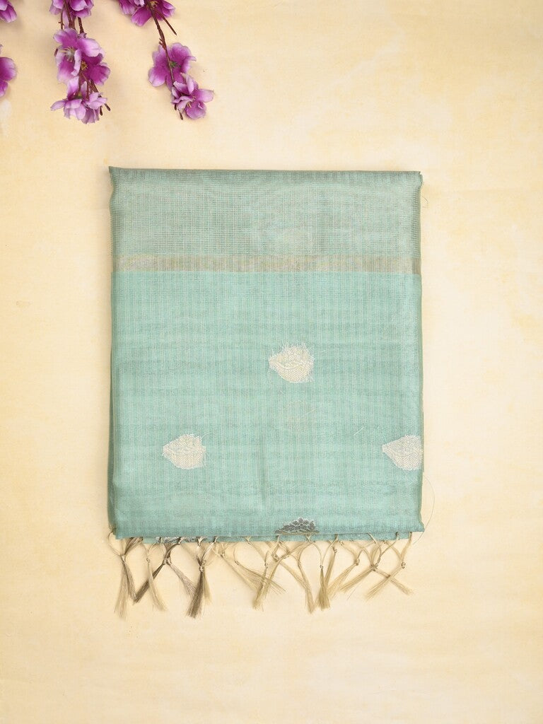 Tussar fancy saree lux green color allover zari motifs & zari border with zari pallu and plain blouse