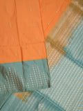 Kanchi pattu saree orange color allover zari weaves & zari border with contrast pallu and plain contrast blouse