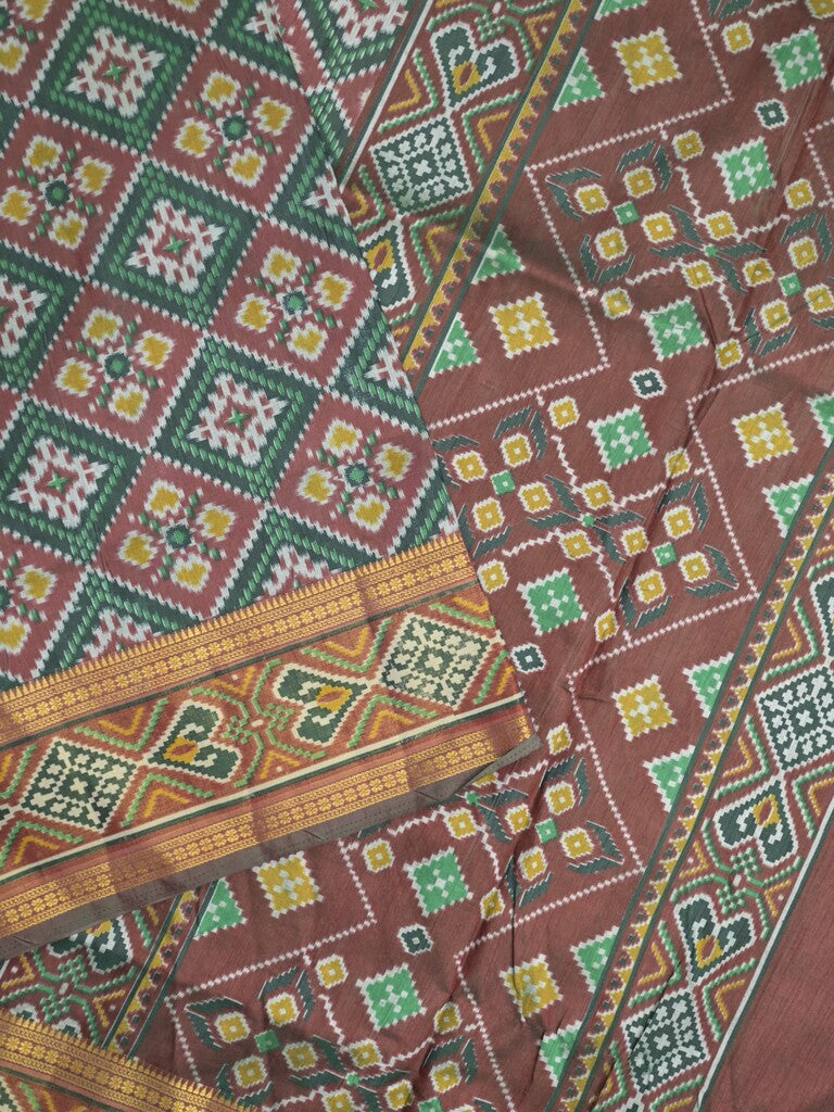 Ikkath fancy saree in green color allover design with zari border & ikkath pallu and plain blouse