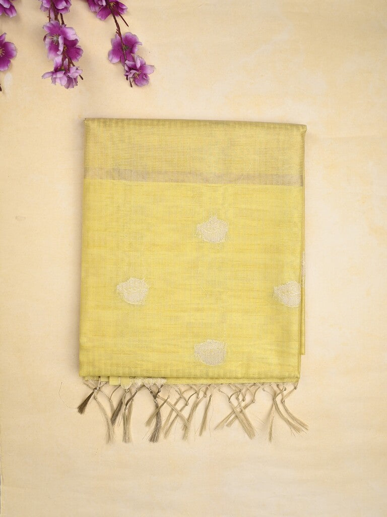 Tussar fancy saree light yellow color allover zari motifs & zari border with zari pallu and plain blouse