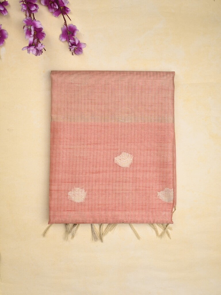 Tussar fancy saree peach color allover zari motifs & zari border with zari pallu and plain blouse