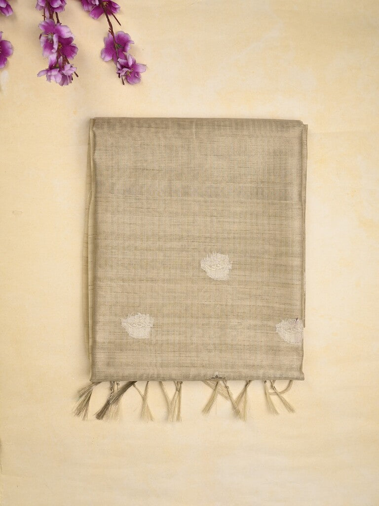 Tussar fancy saree beige color allover zari motifs & zari border with zari pallu and plain blouse