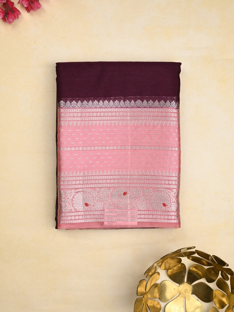 Mangalagiri fancy saree dark wine color allover zari motifs & zari border with zari pallu and contrast blouse