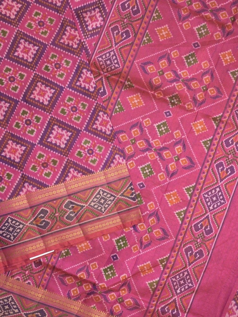 Ikkath fancy saree in pink color allover design with zari border & ikkath pallu and plain blouse