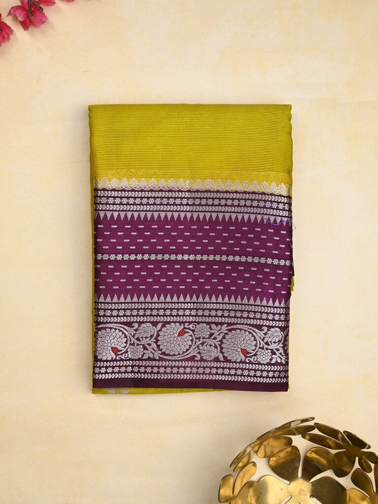 Mangalagiri fancy saree parrot green color allover zari motifs & zari border with zari pallu and contrast blouse