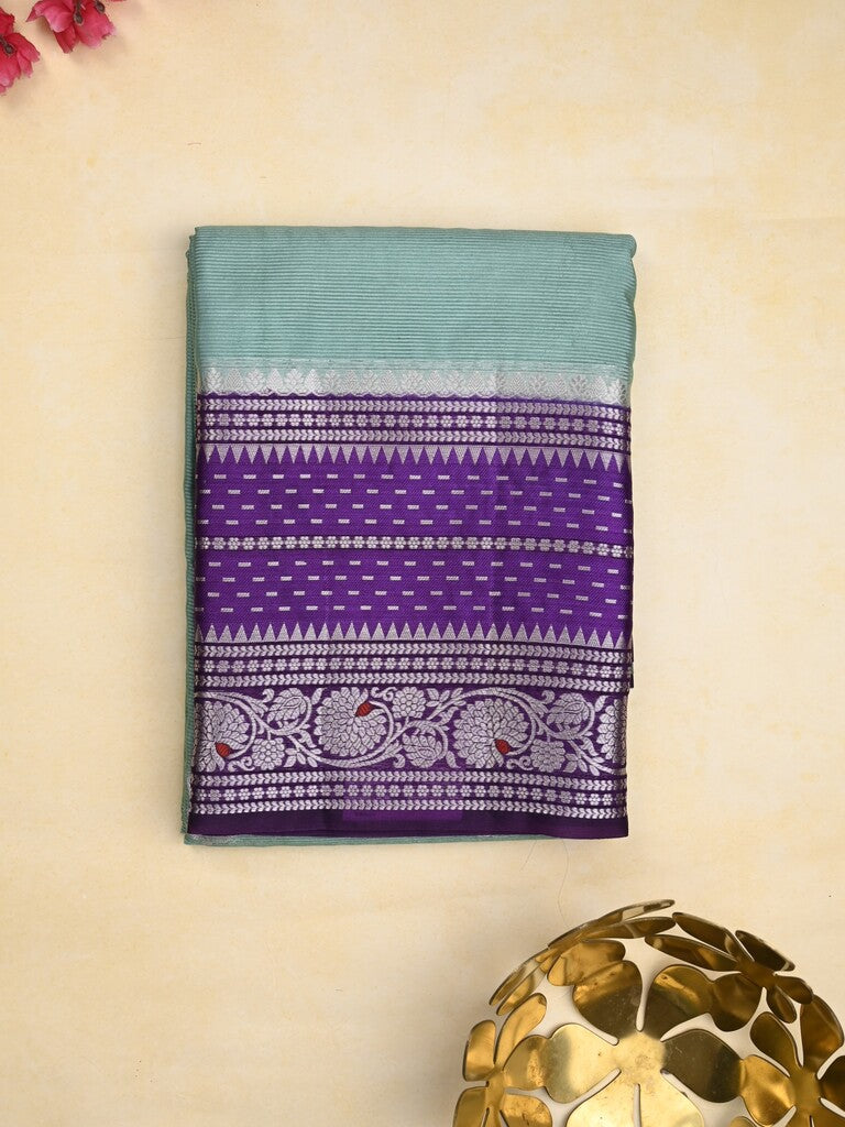 Mangalagiri fancy saree light blue color allover zari motifs & zari border with zari pallu and contrast blouse