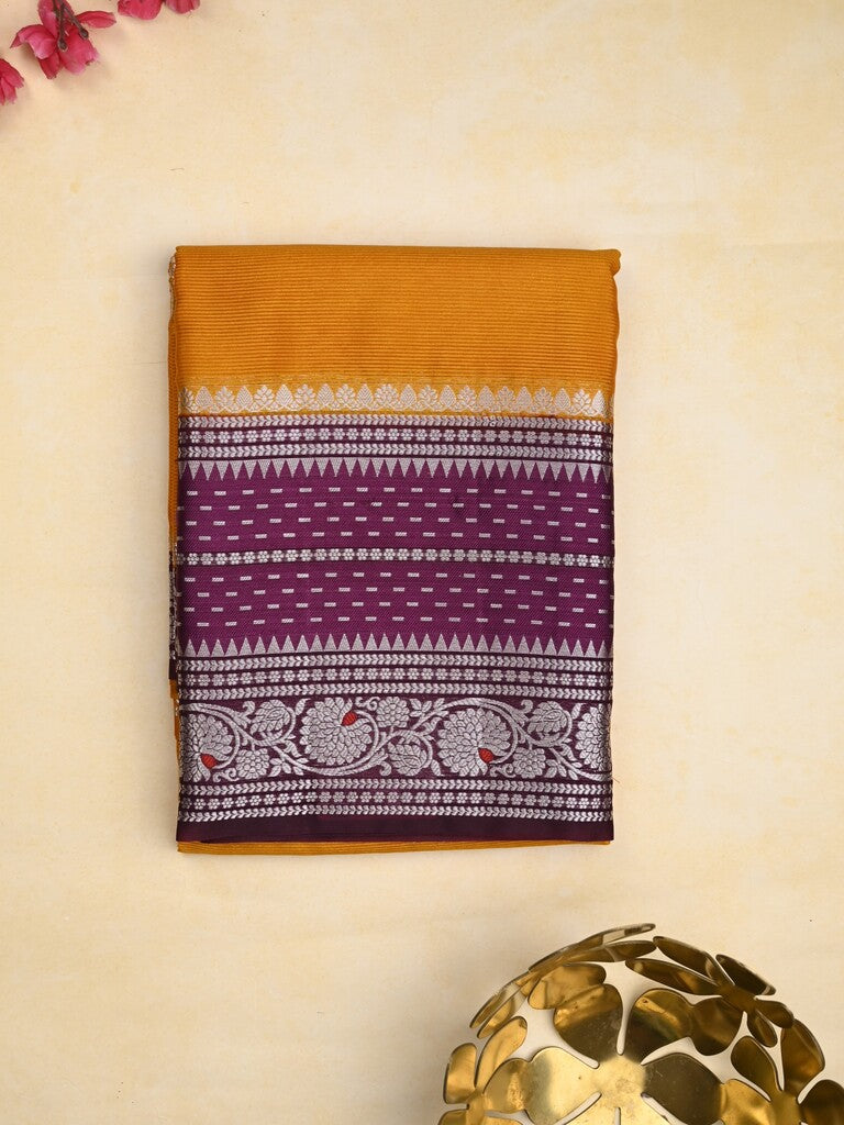 Mangalagiri fancy saree golden yellow color allover zari motifs & zari border with zari pallu and contrast blouse