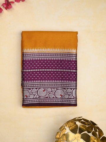 Mangalagiri fancy saree golden yellow color allover zari motifs & zari border with zari pallu and contrast blouse