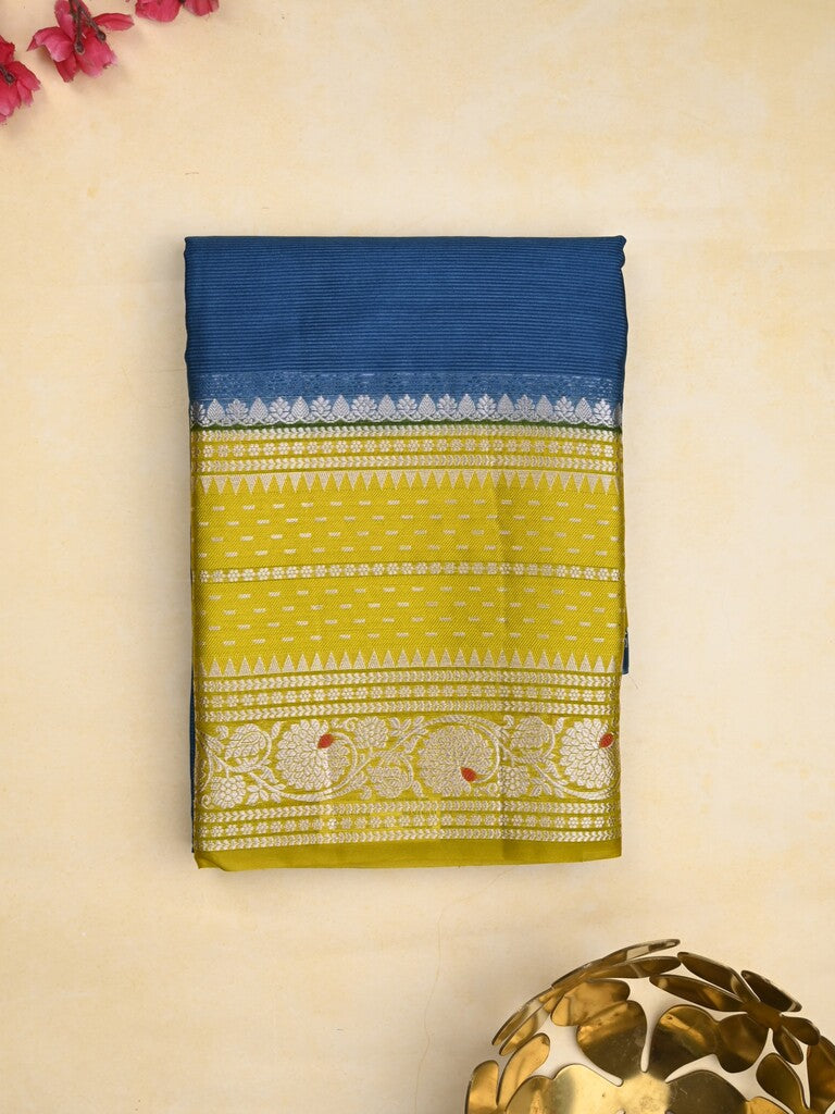 Mangalagiri fancy saree navy blue color allover zari motifs & zari border with zari pallu and contrast blouse