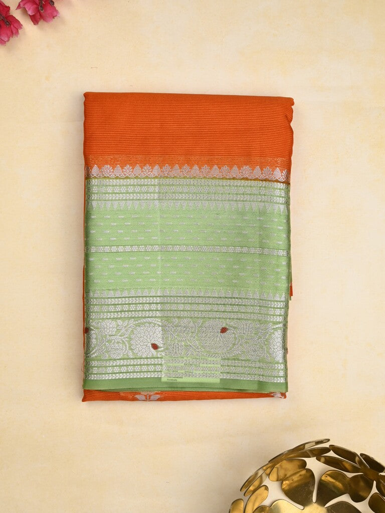 Mangalagiri fancy saree orange color allover zari motifs & zari border with zari pallu and contrast blouse