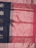 Kanchi pattu saree navy blue color allover zari weaves & zari border with contrast pallu and plain contrast blouse