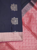 Kanchi pattu saree navy blue color allover zari weaves & zari border with contrast pallu and plain contrast blouse