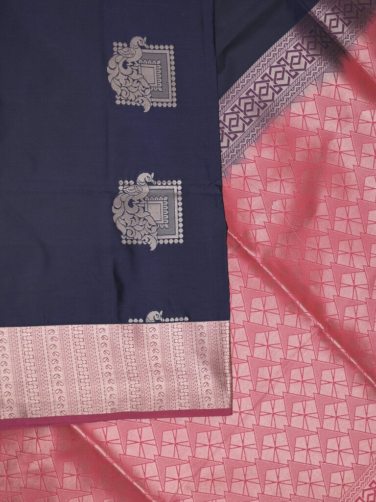 Kanchi pattu saree navy blue color allover zari weaves & zari border with contrast pallu and plain contrast blouse
