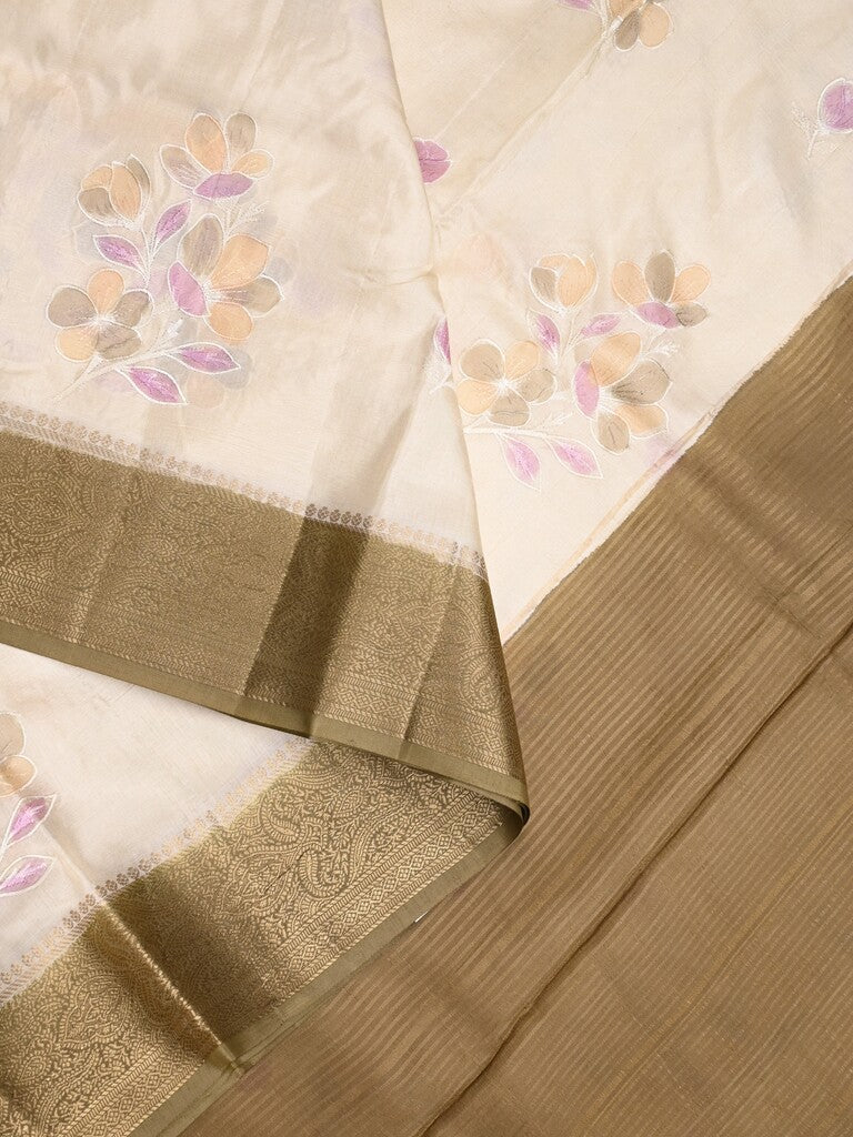 Mashru silk fancy saree white color allover prints & zari border with plain pallu and printed blouse