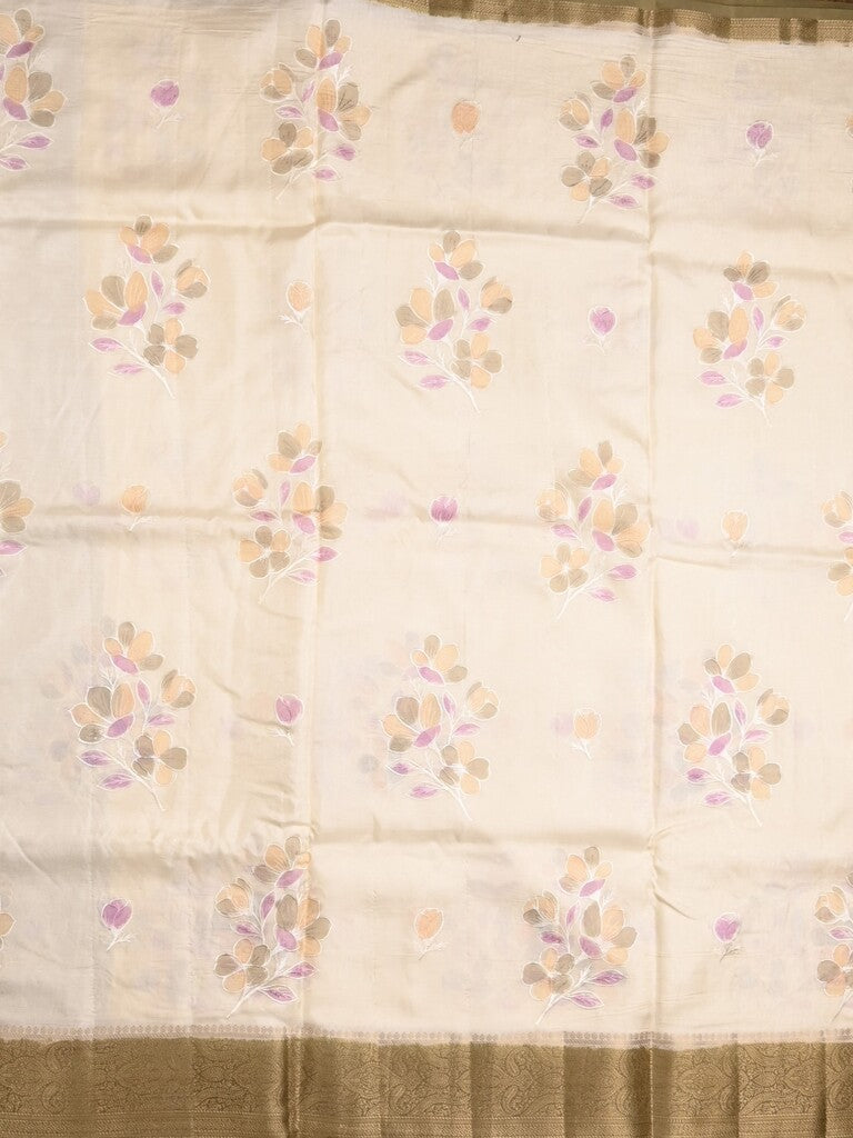 Mashru silk fancy saree white color allover prints & zari border with plain pallu and printed blouse