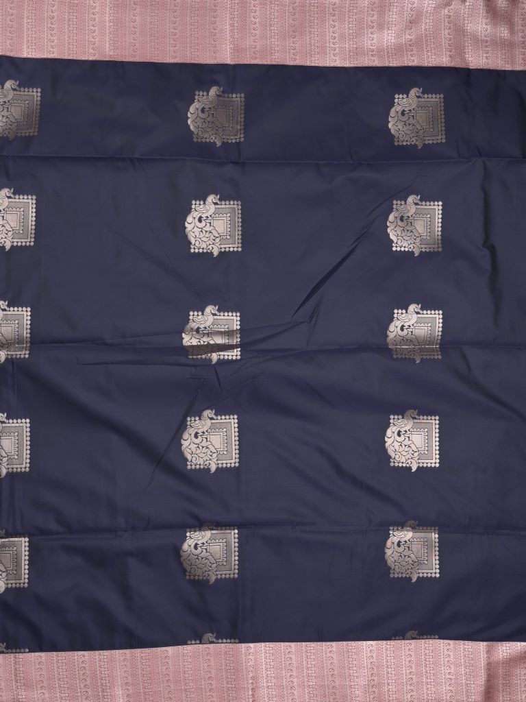 Kanchi pattu saree navy blue color allover zari weaves & zari border with contrast pallu and plain contrast blouse