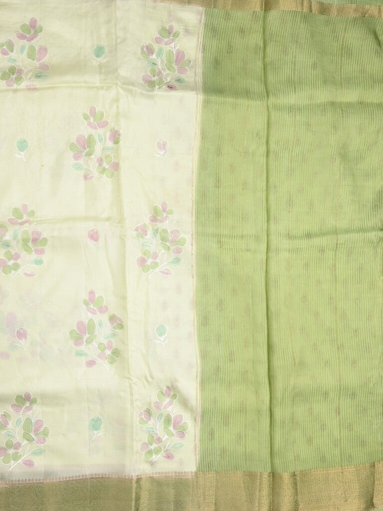 Mashru silk fancy saree white color allover prints & zari border with plain pallu and printed blouse