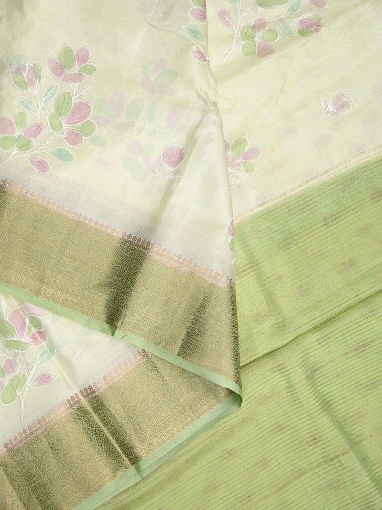 Mashru silk fancy saree white color allover prints & zari border with plain pallu and printed blouse