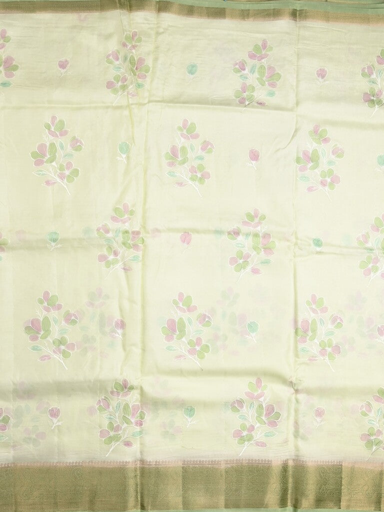 Mashru silk fancy saree white color allover prints & zari border with plain pallu and printed blouse