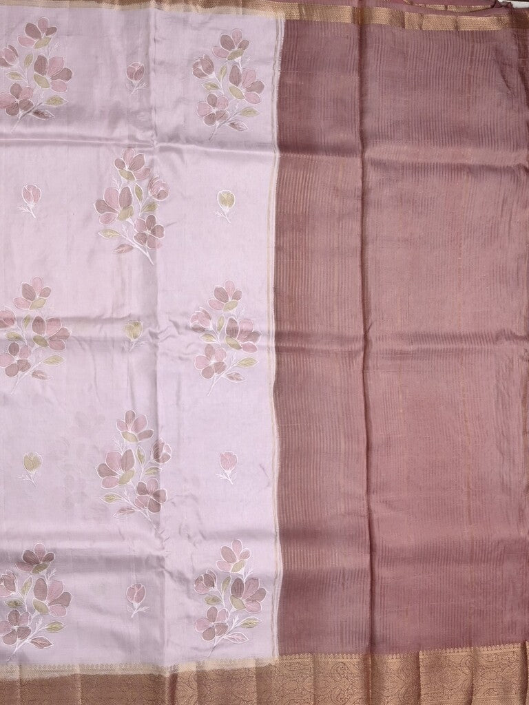Mashru silk fancy saree pastel purple color allover prints & zari border with plain pallu and printed blouse