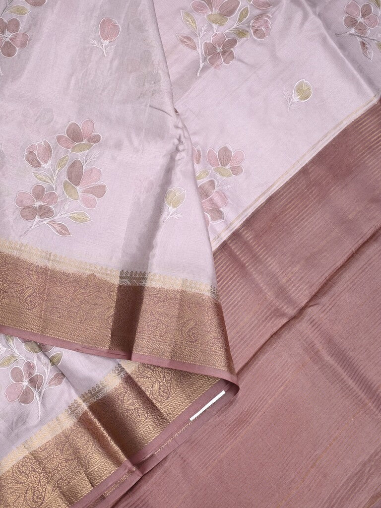 Mashru silk fancy saree pastel purple color allover prints & zari border with plain pallu and printed blouse