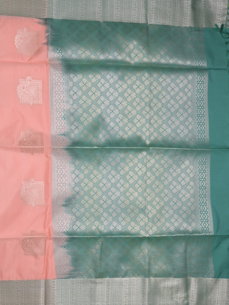 Kanchi pattu saree baby pink color allover zari weaves & zari border with contrast pallu and plain contrast blouse