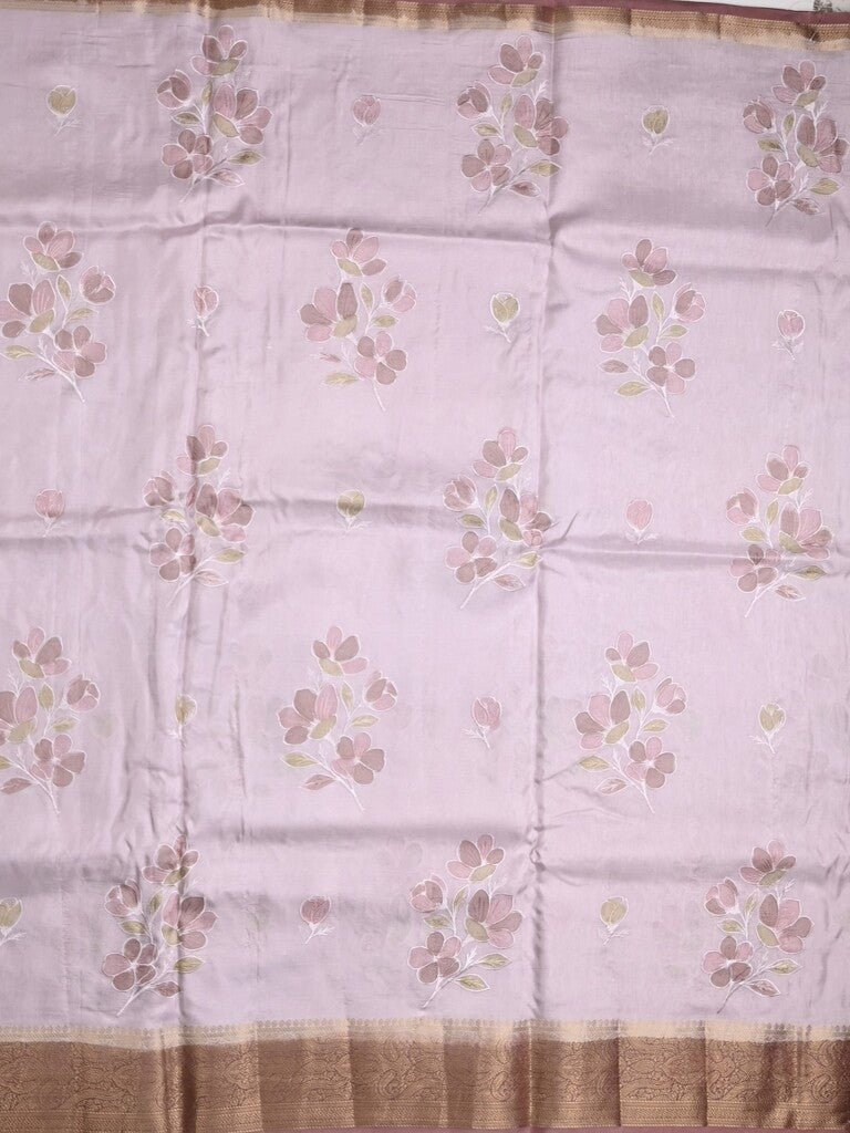 Mashru silk fancy saree pastel purple color allover prints & zari border with plain pallu and printed blouse