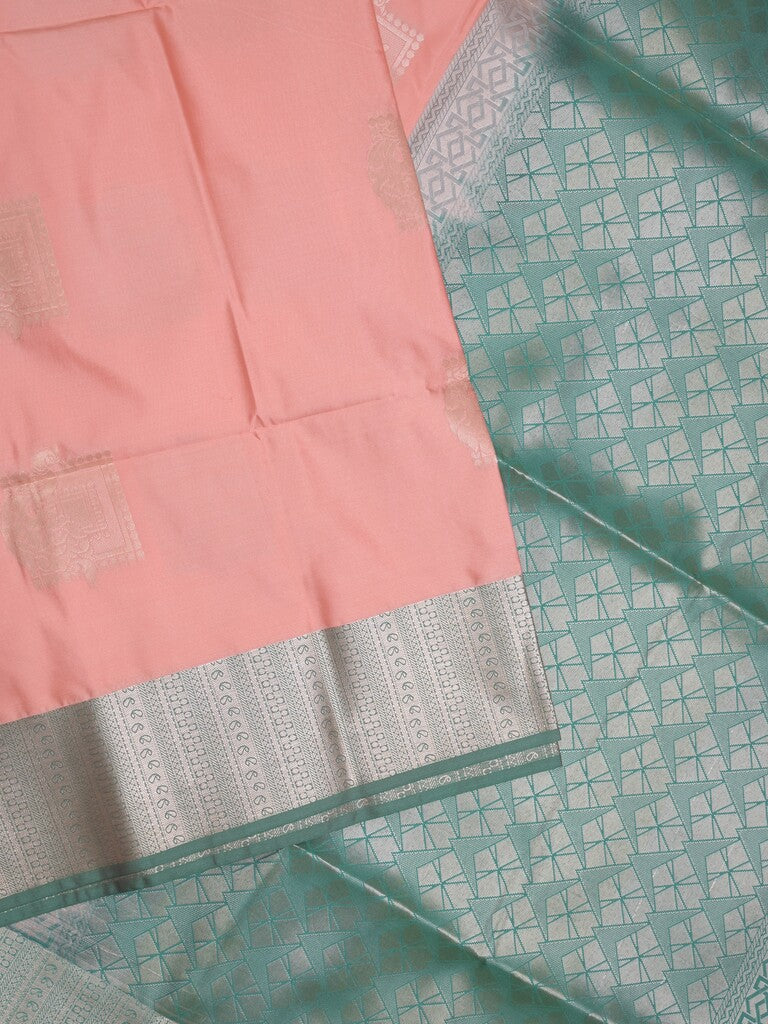 Kanchi pattu saree baby pink color allover zari weaves & zari border with contrast pallu and plain contrast blouse