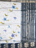 Raw mango fancy saree half white color allover prints & zari border with zari pallu and contrast blouse