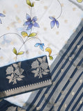 Raw mango fancy saree half white color allover prints & zari border with zari pallu and contrast blouse